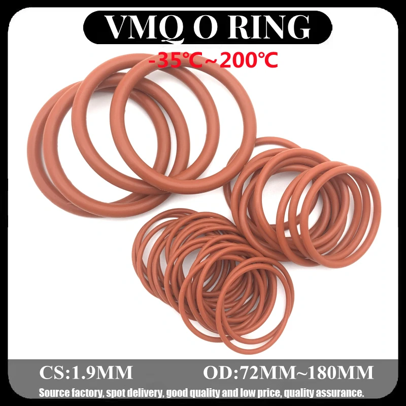 

10pcs VMQ O Ring Seal Gasket Thickness CS 1.9mm OD 72~180mm Silicone Rubber Insulated Waterproof Washer Round Shape Nontoxic Red