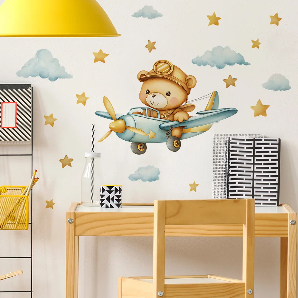 Cartoon Bear Airplane Wall Stickers Child Room Background Decoration Mural Kids Bedroom Home Decor Self-adhesive Nursery Decals