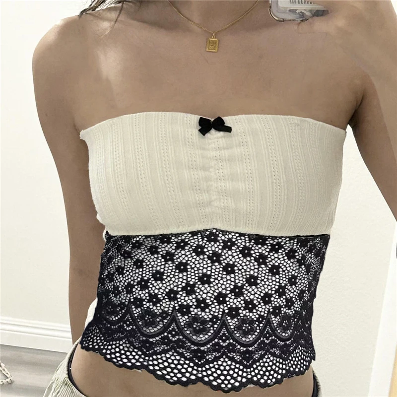 

y2k Strapless Tube Top 2000s Aesthetic Women Floral Lace Patchwork Off Shoulder Sleeveless Tanks with Bow Fairy Grunge Clothes