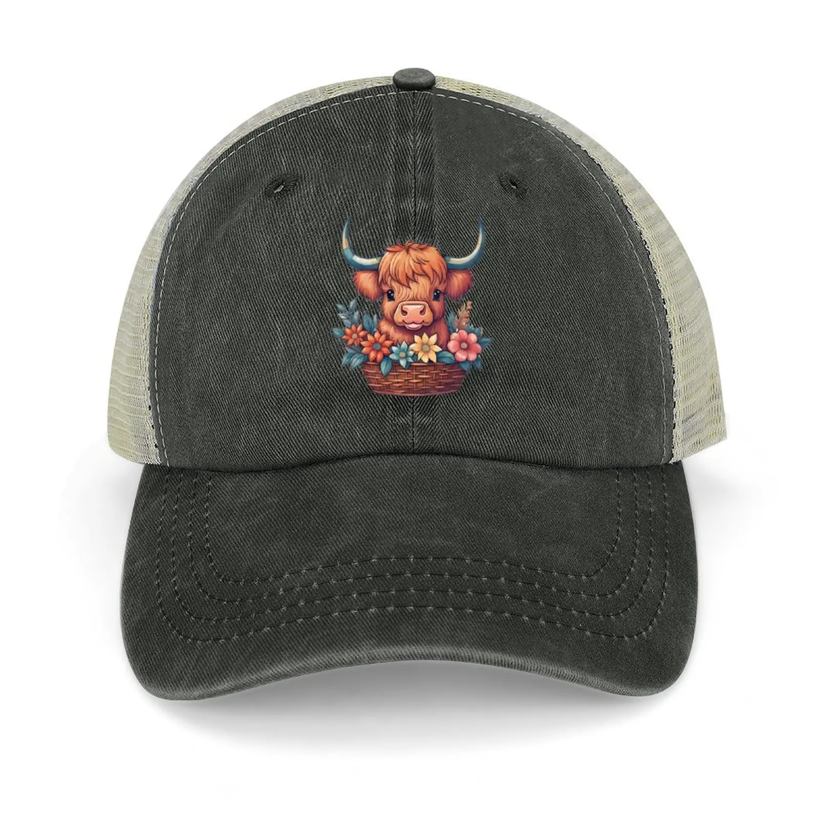 

Scottish Highland cow inside floral basket Cowboy Hat Kids Hat Icon Cosplay Sun Hats For Women Men's
