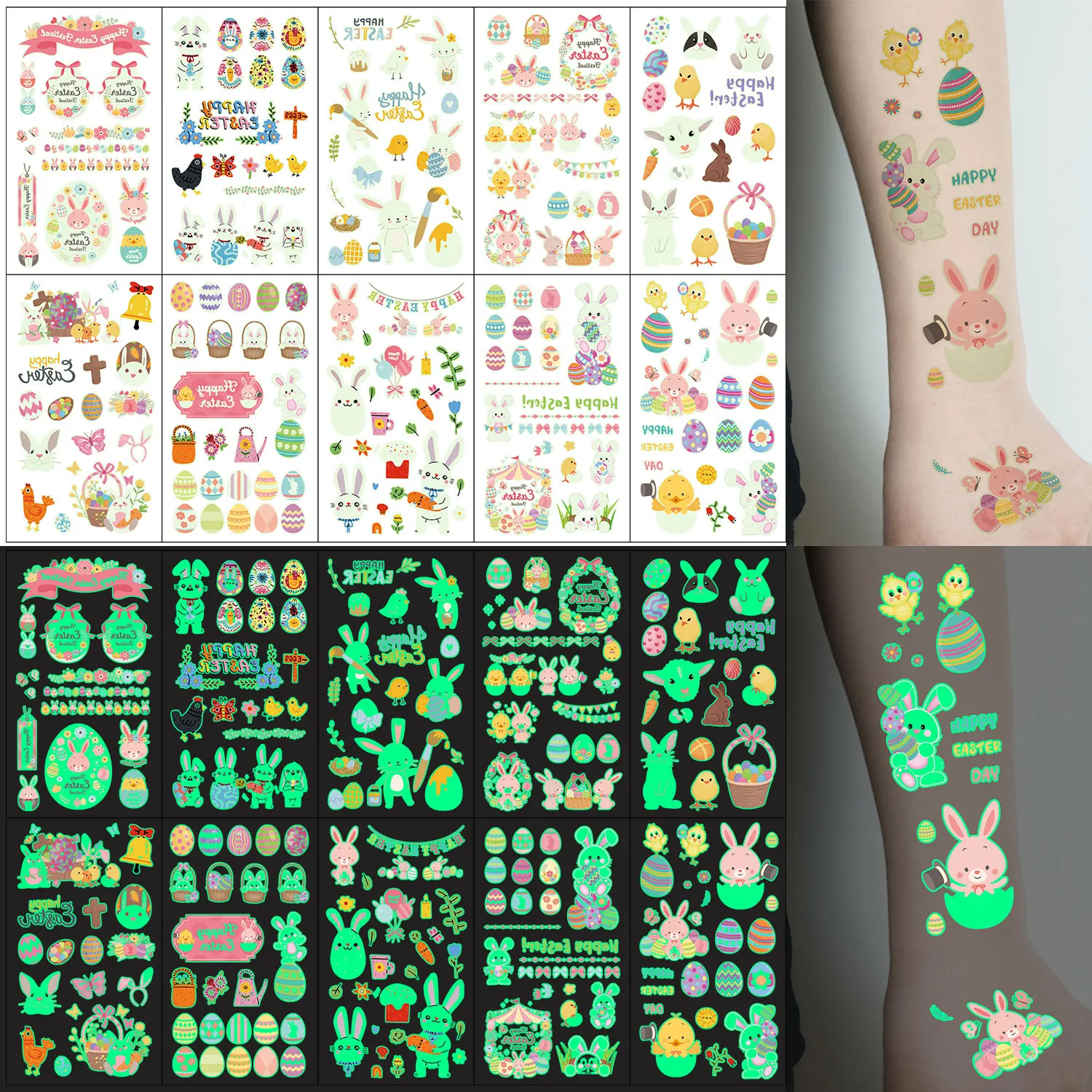 Easter Glow in the Dark Temporary Tattoos Cartoon Bunny Eggs and Holiday Designs Waterproof and Lasts 2-5 Day 10Sheet 168pcs