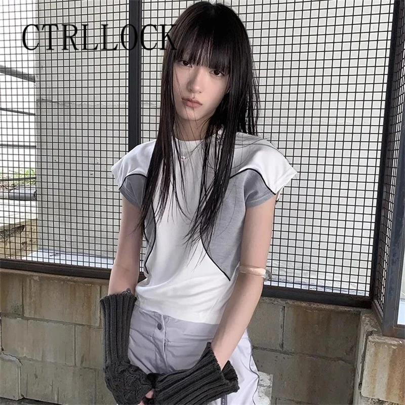 

CTRLLOCK Techwear Functional Style Patchwork Color Contrast Short Sleeve Women's T-shirt