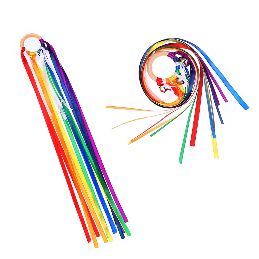 

Rainbow Ribbons Performance Dancing Gymnastics Ribbon Ballet Streamer Wooden Ring Waldorf Toys With Bells For Children