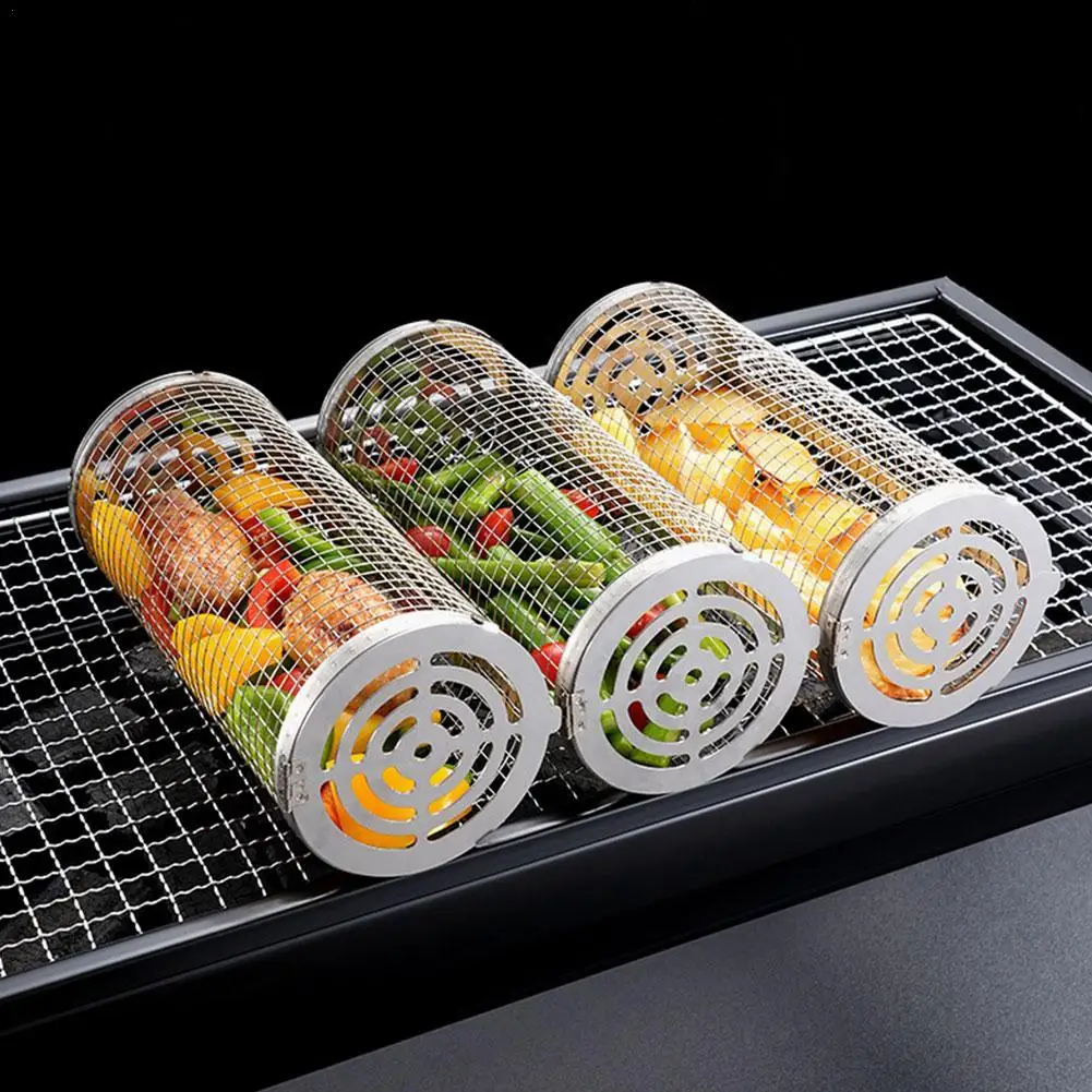 Outdoor BBQ Grill Basket Stainless Steel Round Barbecue Rolling