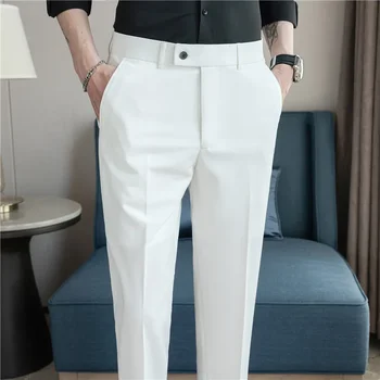 2025 Summer Thin White Elastic Nine Cent Suit Pants for Men,gray Blue Four-side Elastic Comfortable Drape Men's Casual Trousers 1
