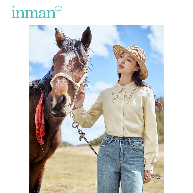 INMAN Women Blouse 2023 Autumn Long Sleeve Embroidered Double Layered Collar Loose Shirt 100% Cotton Jacquard Apricot Blue Tops