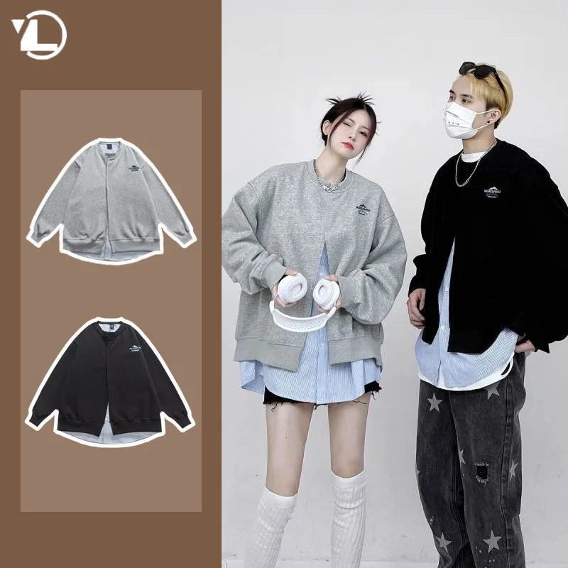 

Fake Two Piece Sweatshirt Men Autumn Casual Stripes Japanese Round Neck Sport Pullover Couple Patchwork Loose Long Sleeved Top