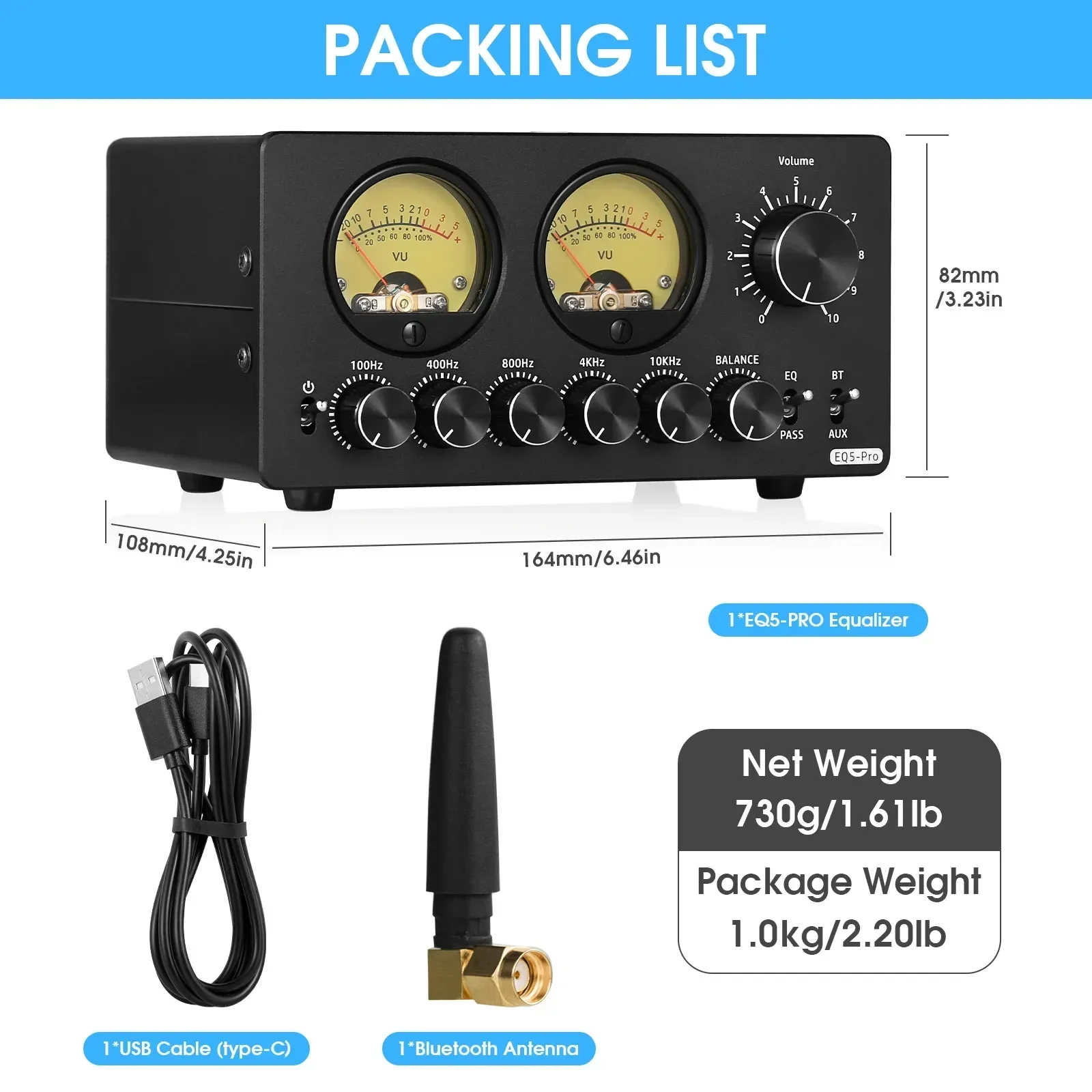 Bluetooth Audio Processor EQ5 PRO 5-Band Preamp EQ Equalizer 3.5mm AUX Analog for Speaker/Amplifier with VU Meter