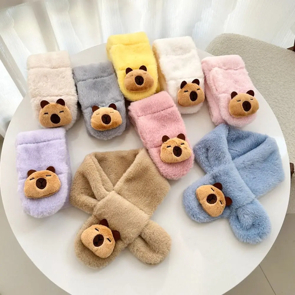 New Winter Children's Cross Scarf Plush Solid Color Capybara Scarf Boys Girls Thickened Warm Neckerchief Wrap Kids