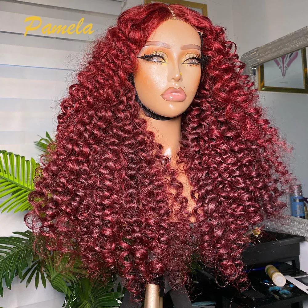 Deep Curly Glueless Wig Human Hair Pre plucked Ready To Wear Burgundy 99J Colored 13x4 Transparent Lace Front Wig For Women