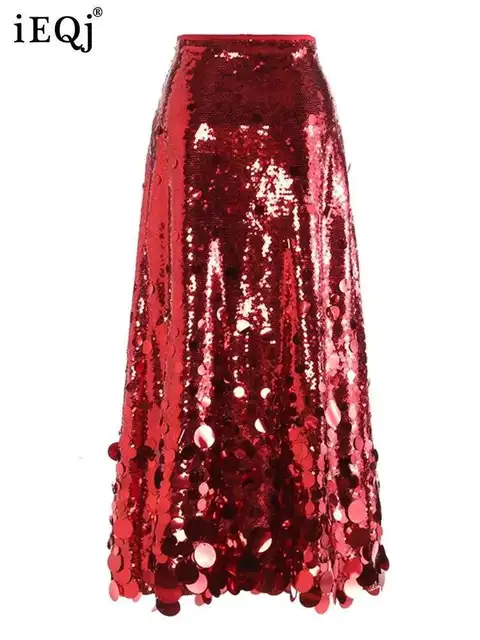 IEQJ 2025 Spring New Advanced Sequined Women's Skirt Solid High Waist A-line Ankle-Length Female Party Elegant Clothing 3XP48 1