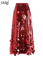 IEQJ 2025 Spring New Advanced Sequined Women's Skirt Solid High Waist A-line Ankle-Length Female Party Elegant Clothing 3XP48 1