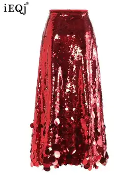 IEQJ 2025 Spring New Advanced Sequined Women's Skirt Solid High Waist A-line Ankle-Length Female Party Elegant Clothing 3XP48 1
