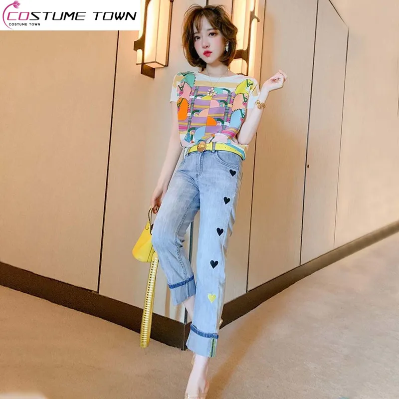 Cartoon Printed T-shirt+heart Shaped Embroidery High Waisted Straight Tube Jeans Set for Women's Spring/summer 2023 New Style high waist slimming velvet padded jeans women s winter heavy fashion diamond heart shaped lambswool stitching straight leg pants