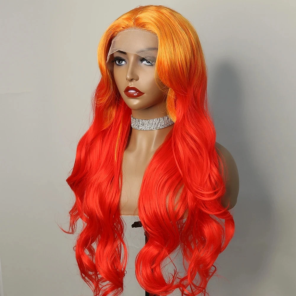 

Short Pixie Cut Red Yellow Ombre Colored Transparent Synthetic 13X4 Lace Front Wigs For Women Preplucked Drag Queen Party Daily