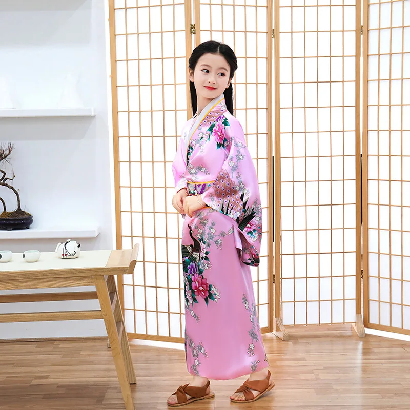 Girls Kids Elegants Japanese Kimono Children Haori Costume Vintage Novelty Cosplay Costume National Print Yukata with Obi Gown