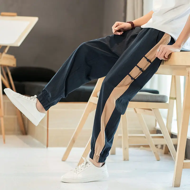 Koreon Summer New Vintage Cotton Linen Sweatpants Streetwear Fashion Men Elastic Waist Pockets Slim Big Size Casual Trousers