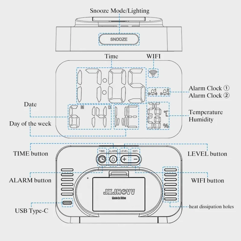 Description Picture 3 of itemDigital Alarm Clock WIFI Synchronized Time TEMP Humidity Date 2 Alarms Unlimited Snooze Table Clock 12/24H USB Powered LED Clock