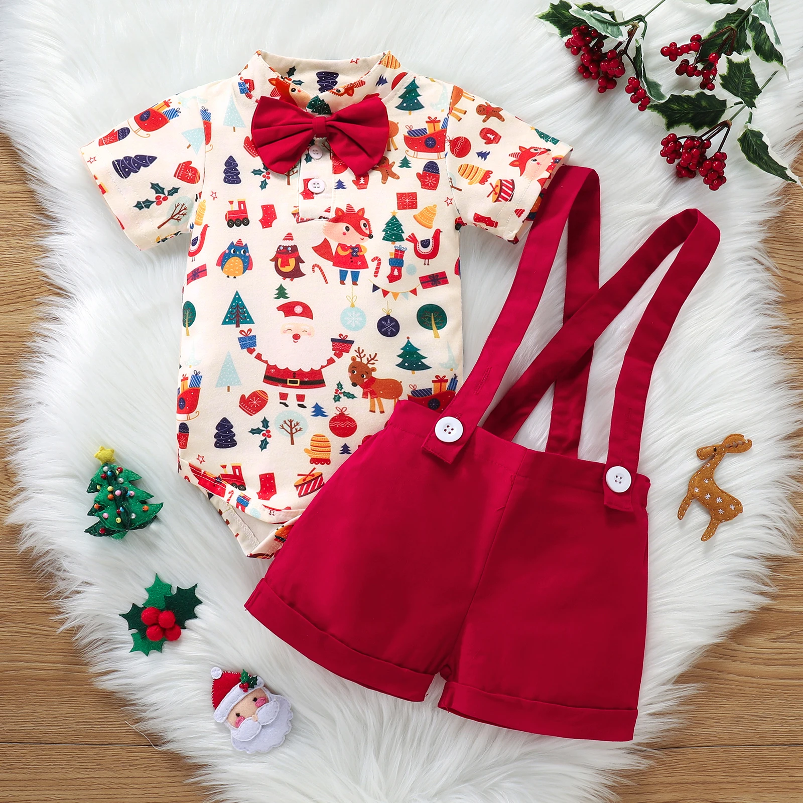 ChristmasSuitInfantBowShortSleevePoloRomperBraceShortsSet