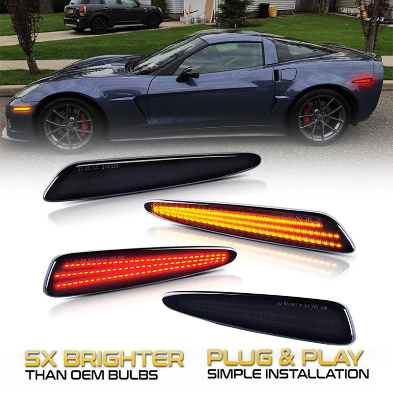 

4PCS Canbus For 2005-2013 Chevy Corvette C6 Smoked Front Rear Amber Red LED Side Marker Lights Turn Signal Lamps