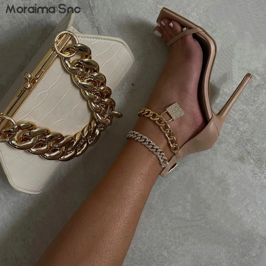 

Rhinestone Chain Lockhead Sandals Large Size Square Head Stiletto Heels Sexy One-Line Strap Fashion Banquet Heeled Sandals