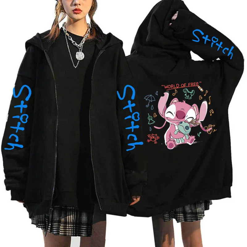 Oversized Sweater Women's Clothing Free Shipping Disney Lilo & Stitch Pattern Zip-Up Hoodies Autumn Winter Long Sleeve Warm Coat 5