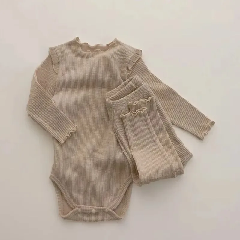 Pigiama per neonato in cotone tinta unita + leggings 2 pezzi pigiama per la casa per neonato e ragazza - immagine 5