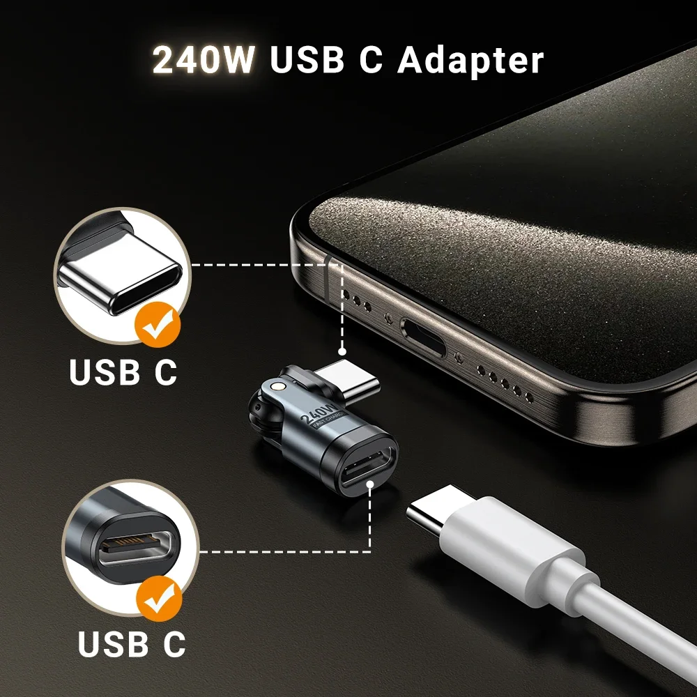 AUFU 5A USB-C to Type-C OTG Adapter 240W 180&deg; Fast Charging Cable Adapter Type C Male To Female Converter For Macbook PC Samsung