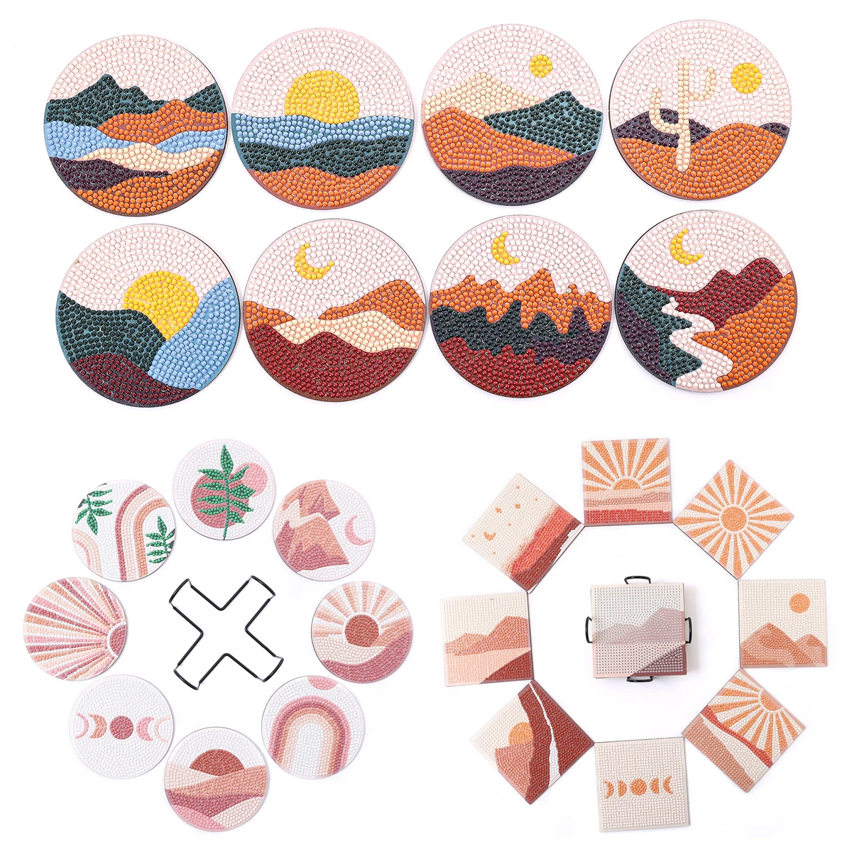 DIY Landscape Diamond Painting Coasters with Holder Anti Slip Wood Coasters Scenery Diamond Art for Adults 8pcs