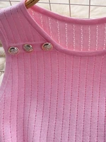 Women's Pink Sleeveless Stretchy Knit Mini Dress Ribbed Texture Button Decor Bodycon Short Dress Casual Summer Party Dress - Image 5