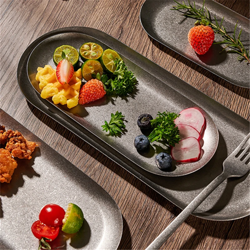 Snow Sand 304 Stainless Steel Storage Trays Snack Plates Retro Steak Barbecue Tableware Plate Cutlery Holder Decorative Dish 4