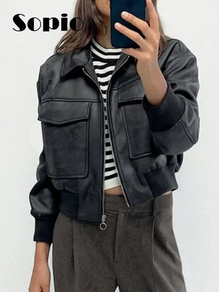 

Faux Leather Jacket Coat Women 2023 Autumn Winter Vintage Fashion Bomber Cropped Jackets Lapel Long Sleeves Pockets Zipper Coats