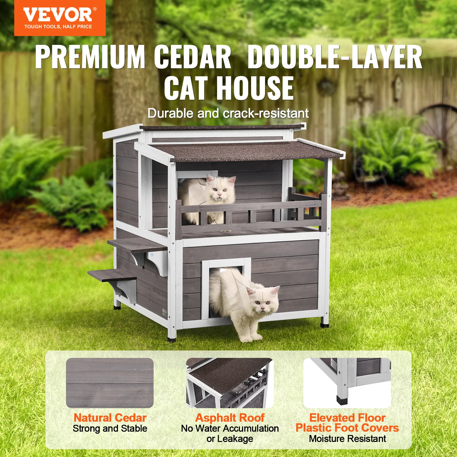 VEVOR Outdoor Cat House Weatherproof Feral Cat Shelter 2-story Large Outdoor Wooden House with Balcony Door and Open Roof