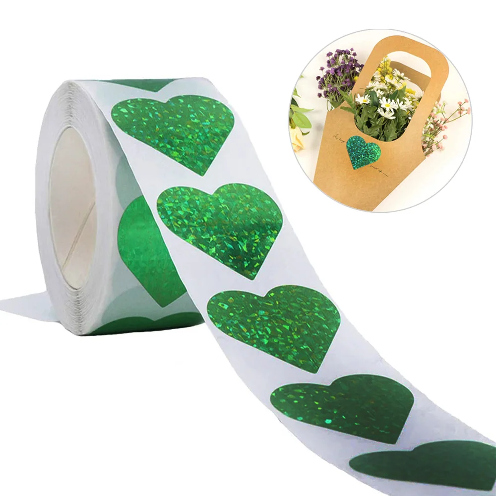 Heart Laser Sticker Green Holographic Glitter Sealing Labels 500pcs/roll for Valentine's Day Decoration Gift Box Packaging Seals