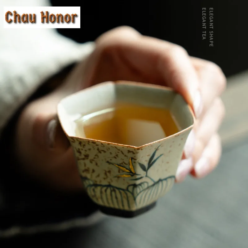 45ml Blue And White Flint Red Teacup Handmade Gold Drawing Bamboo Tea Bowl Hexagonal Sample Tea Cup Personal Master Cup Teaset