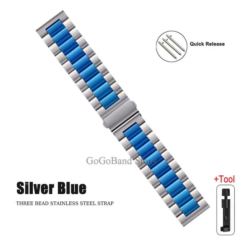 Premium Stainless Steel Watch Band, 20mm/22mm, Metal Strap, Silver/Black Finish