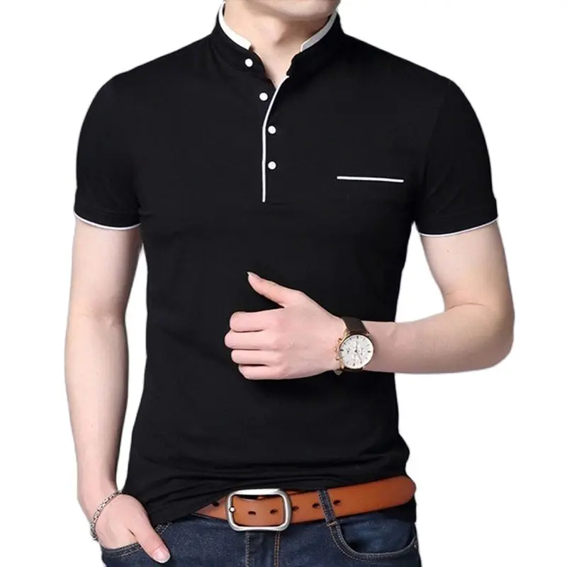 Summer Men's Polo Shirt Short Sleeve Solid Color Stand Collar Polo Shirt Men Fashion Slim Fit Casual Cotton Breathable Tops Tees 1