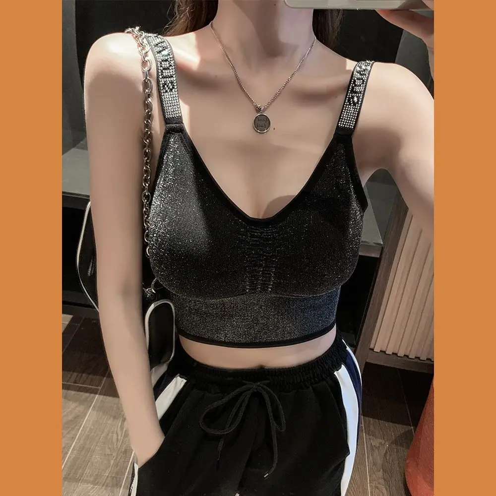 

Breast-cushioned Backless Sexy Hot Diamonds Camisole Vest Set Short High-rise Navel-baring Button Tight Wrap Crop Top