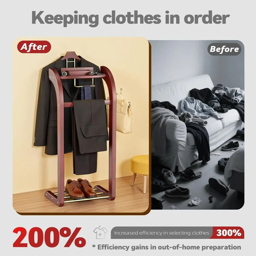 Men's Wooden Valet Stand with Contoured Hanger, Base, Tray, Trouser Rack, and Tie Holder