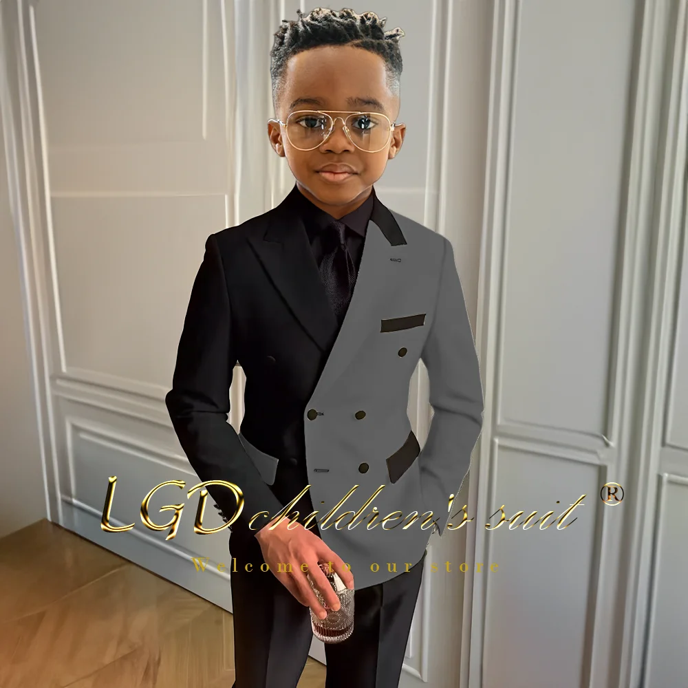 Boys Formal Suit Set Stylish Boys Peak Lapel Double Breasted 2 Piece Suit Black and White Fitted Formal Wedding Event Tuxedo Jacket + Pants