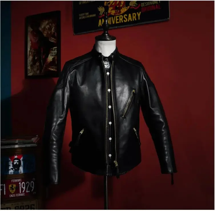 

Free shipping.Men Italy quality cowhide jacket.black slim genuine leather coat.cool motor biker cloth,brand new