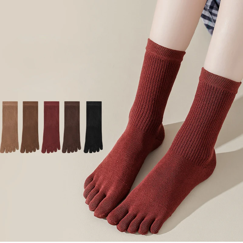 5 Pairs Five Fingers Long Socks for Women Autumn Winter Dark Color Cotton Sock Solid Mid-tube Versatile Casual Socks Harajuku