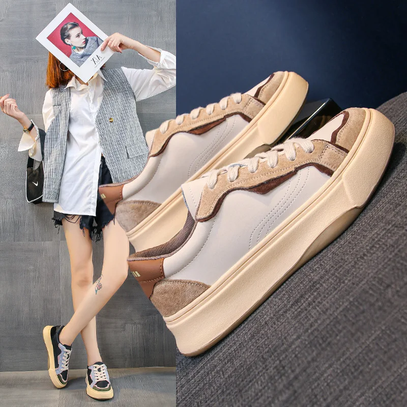 

Women Fashion PU Leather Platform Sneakers Korean Trainers Womens Chunky Sneakers Tenis Female Spring Lace Up Casual Shoes