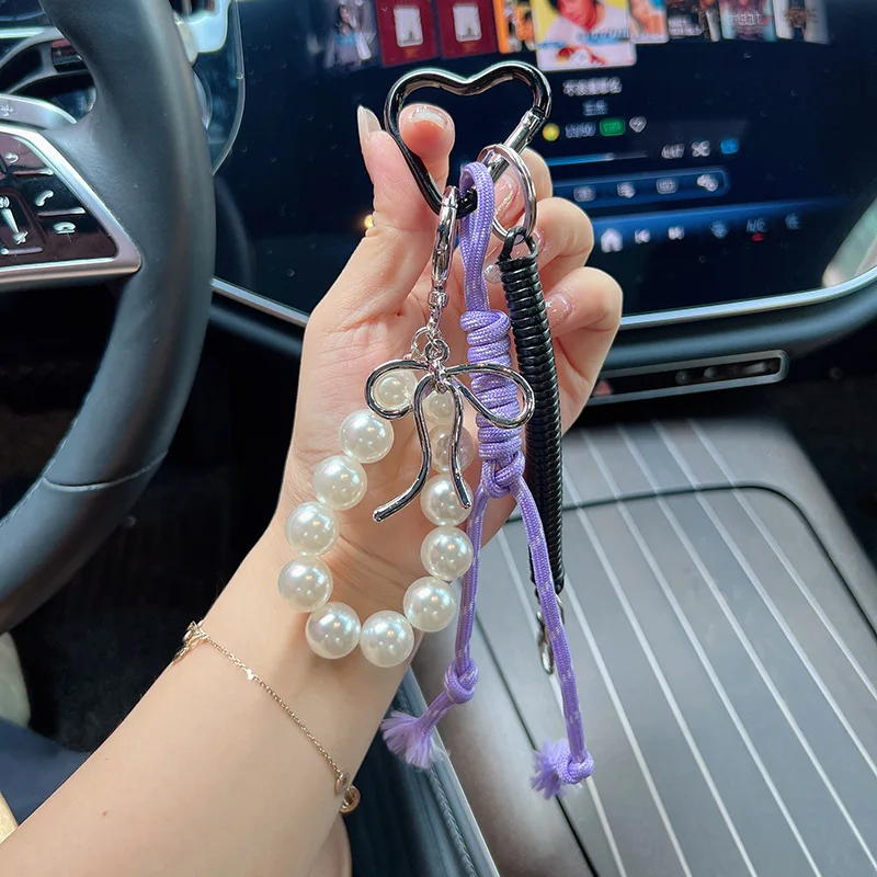 Korean Sweet Pearl Bow Keychain Heart Pendant Y2K Aesthetic Key Holder for Girls Bag Accessory