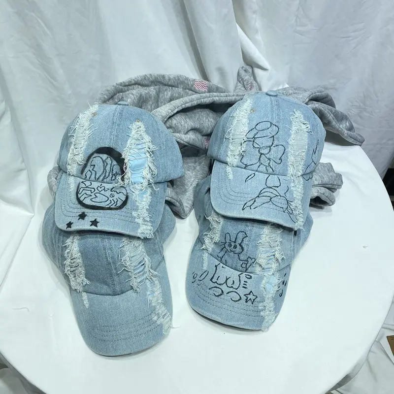 MinJi Haerin OMG Y2K Style Long Rabbit Ear Hat Denim Blue Baseball