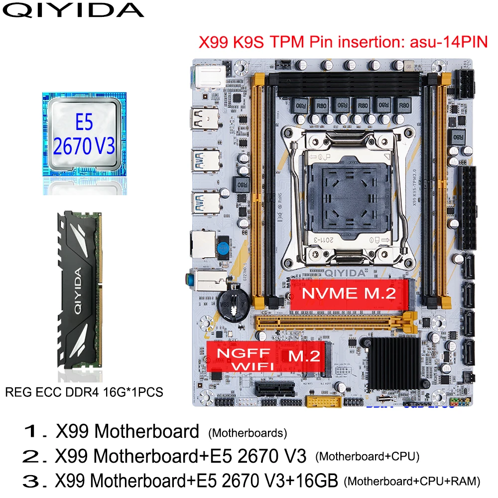 QIYIDA X99 Motherboard set LGA2011 3 kit With Xeon E5 2670 V3 CPU Processor and DDR4 16GB RAM Memory NVME M.2 WIFI TPM 14PIN