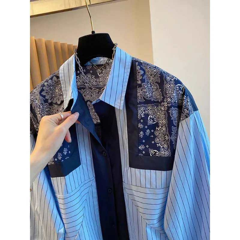SuperAen 2024 New High-end Loose Casual Retro Style Print Blue Striped Long-sleeved Shirt Women\'s Spring and Autumn Shirt