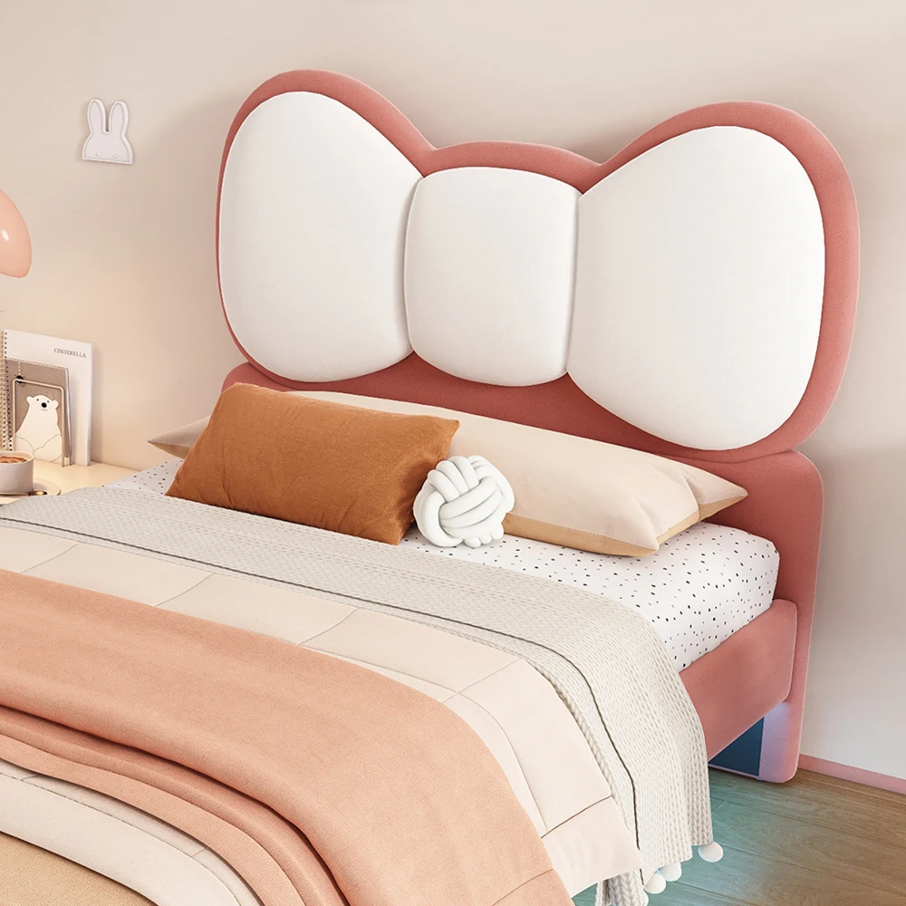 Gepolstertes Einzelbett, Babybett mit fliegenförmigem Bettkopf und farbverstellbarem LED-Lichtstreifen unter dem Bett in Beige + Rosa – Detail 28