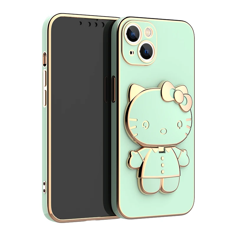 thumbnail image 1 of Cute Hello Kitty Mirror Bracket Holder Case For iPhone 15 11 12 13 14 Pro Max Mini XR XS X 8 7 6 Plus SE 2020 Plating Back Cover, 1 of 5