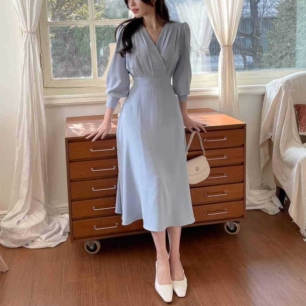 Korean Fashion Autumn Midi Dresses for Women Long Sleeves V-neck A-line Solid Casual Dress Office Lady Clothing New